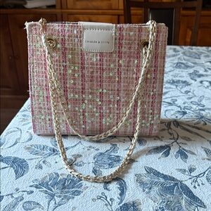 Charles & Keith Pink Tweed Shoulder Bag with Gold Chain
